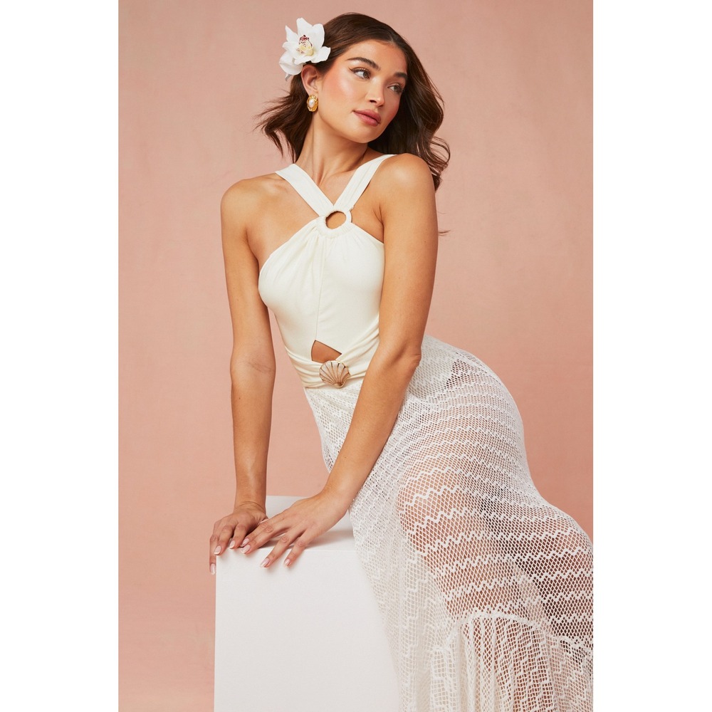 PATBO Asymmetric Netted Beach Maxi Dress Off White XS